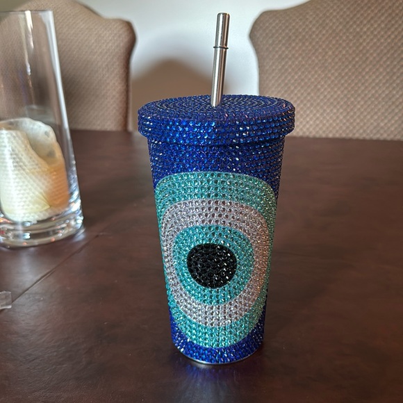 hand made crystal evil eye cup with straw - Picture 1 of 3